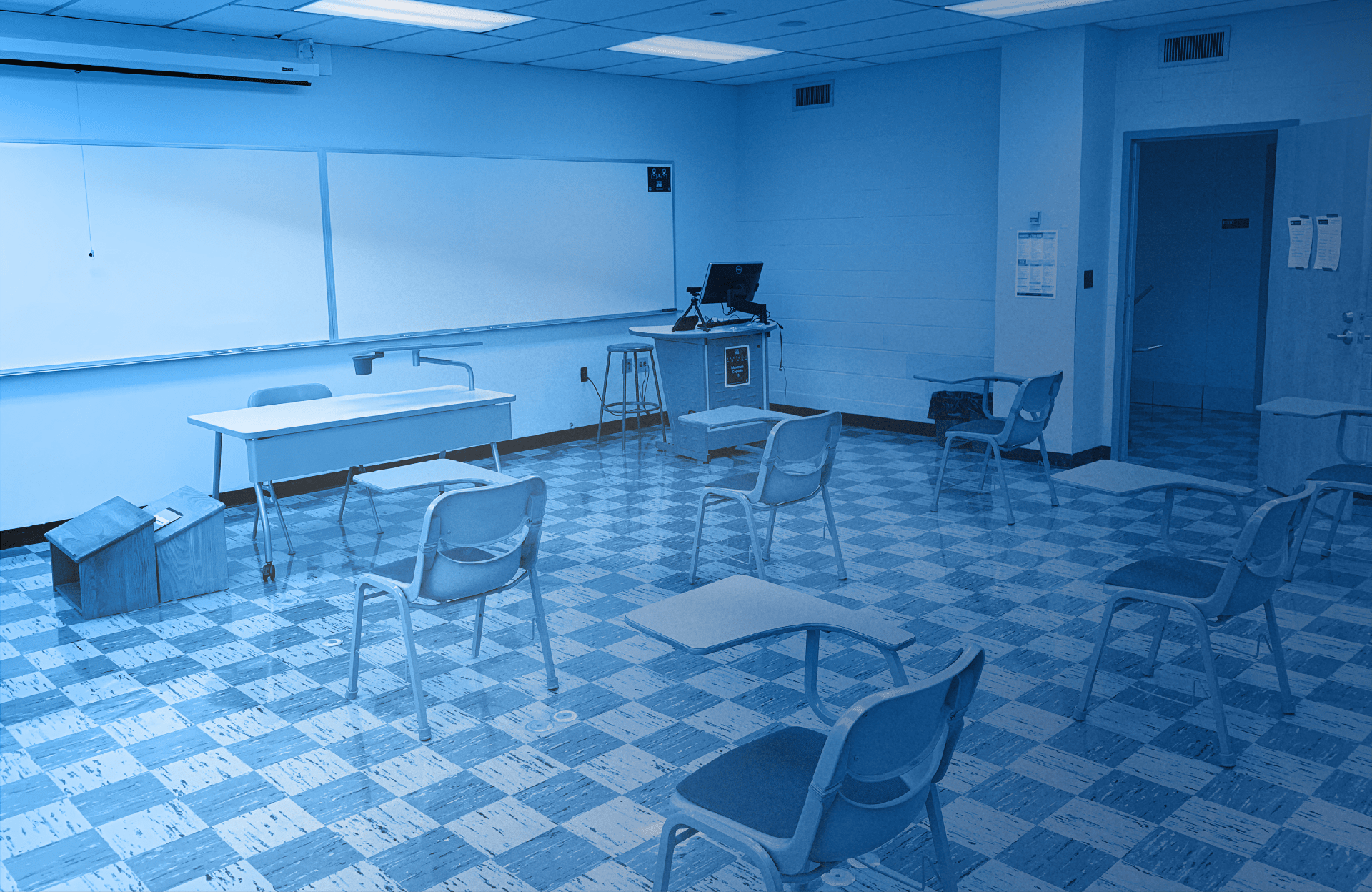 Classroom set up with desks socially distanced